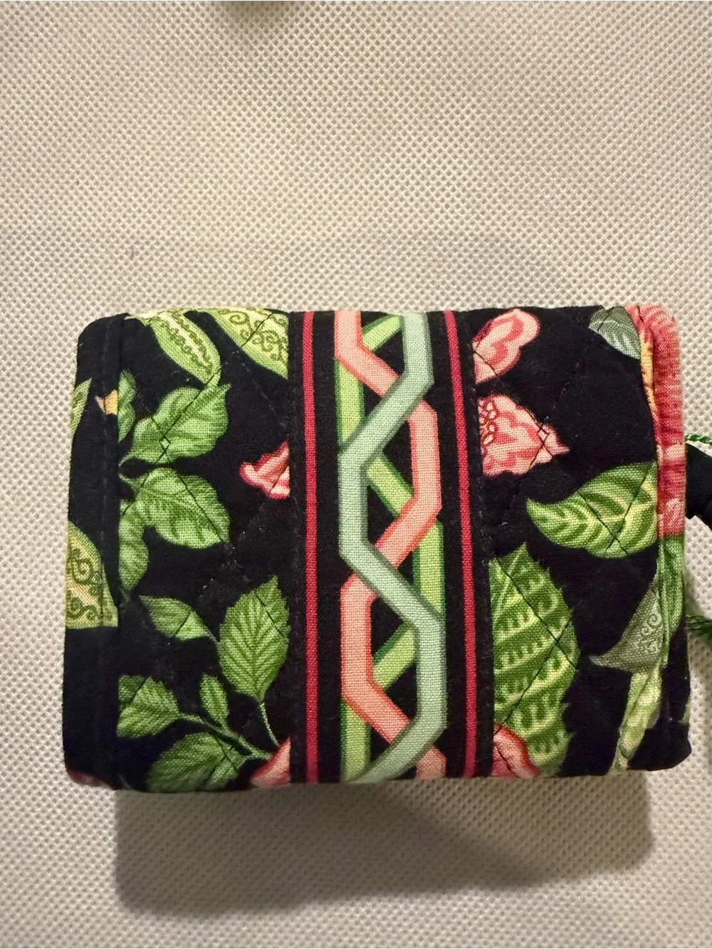 Floral Quilted Fold-Over Wallet - Black with Green & Pink Accents